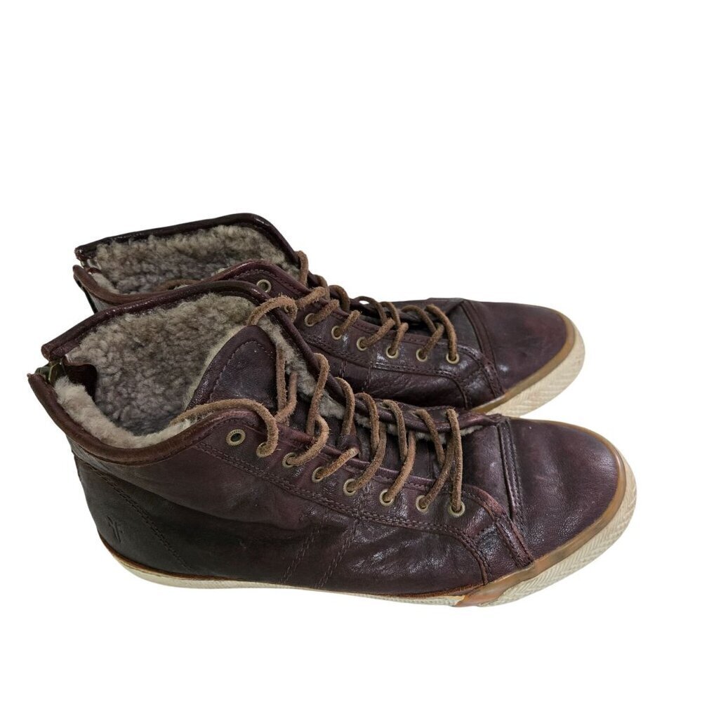 Frye Greene Tall Lace Sneaker Brown Leather Shearling Lined Size 8.5M